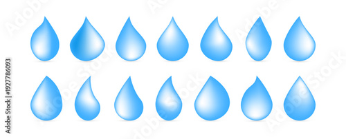 Realistic blue Water Drop isolated on white background. Gradient mesh raindrops icons set.