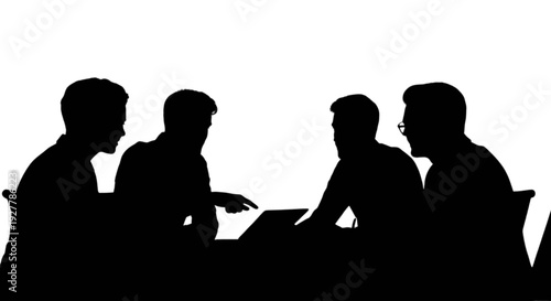 Silhouettes of four individuals engaged in a collaborative meeting around a table isolated on transparent background, Vector