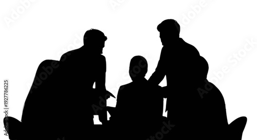 Silhouettes of three individuals sharing a moment of camaraderie and support isolated on transparent background, Vector