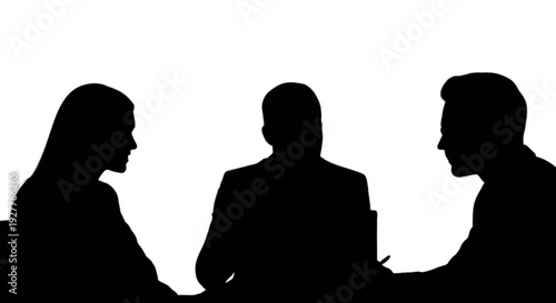 Three silhouettes engaged in a professional discussion around a meeting table. isolated on transparent background, Vector