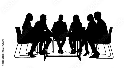 Silhouettes of people engaged in a discussion around a conference table isolated on transparent background, Vector