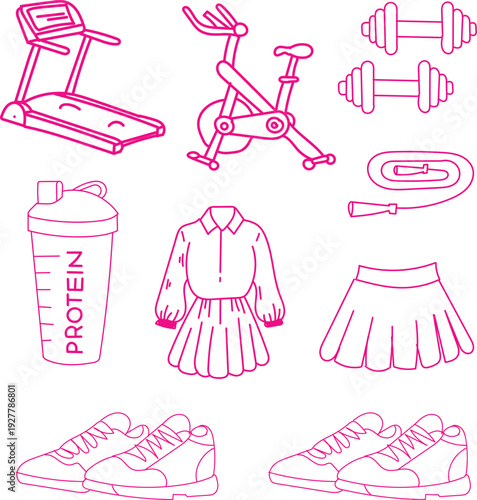 Collection of essential pink line art icons representing fitness apparel exercise equipment and nutritional supplements for a healthy lifestyle