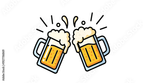 Two beer mugs clinking together with foam and excitement lines around them in a celebratory toast moment