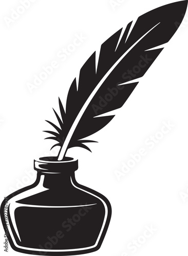Feather quill pen with inkpot flat icon for apps and websites