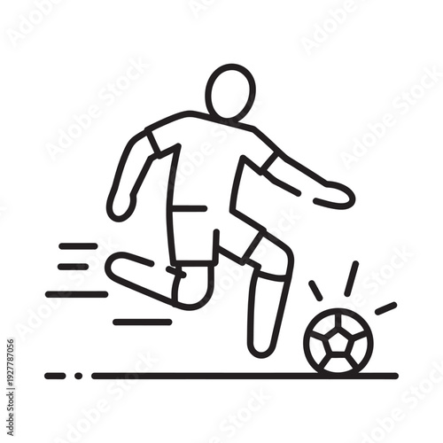 Line art illustration of a soccer player kicking a ball with motion lines