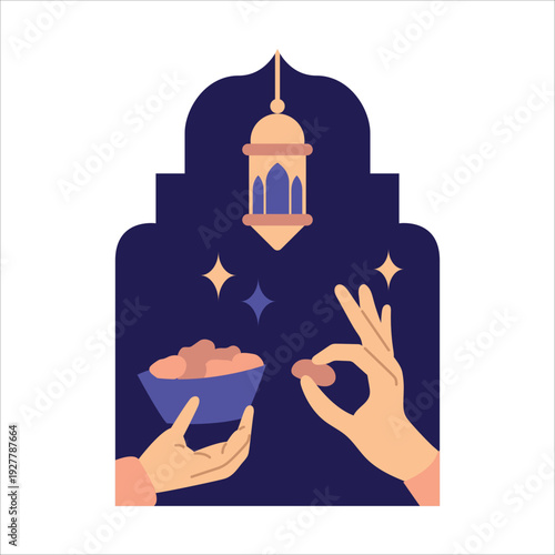 Hands holding dates bowl and lantern color illustration