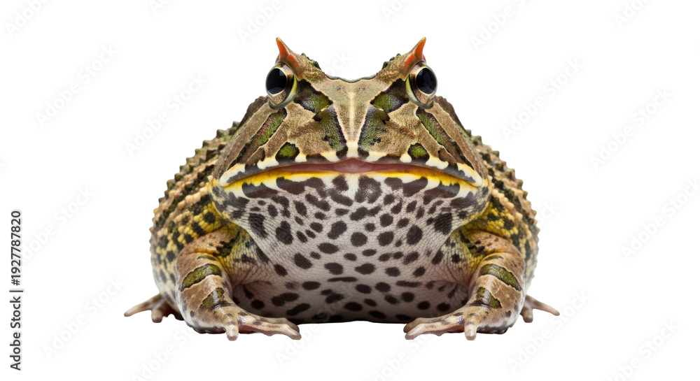 Fototapeta premium Isolated frog head view, Horned frog, South American amphibian, a popular pet, exotic species