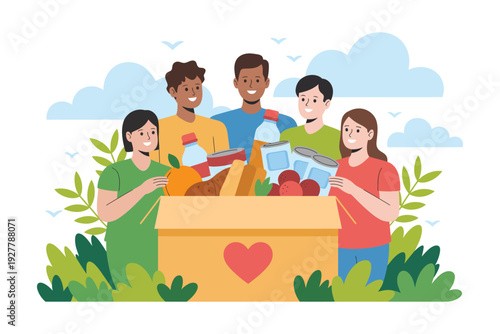 Donation box with people giving food and supplies outdoors