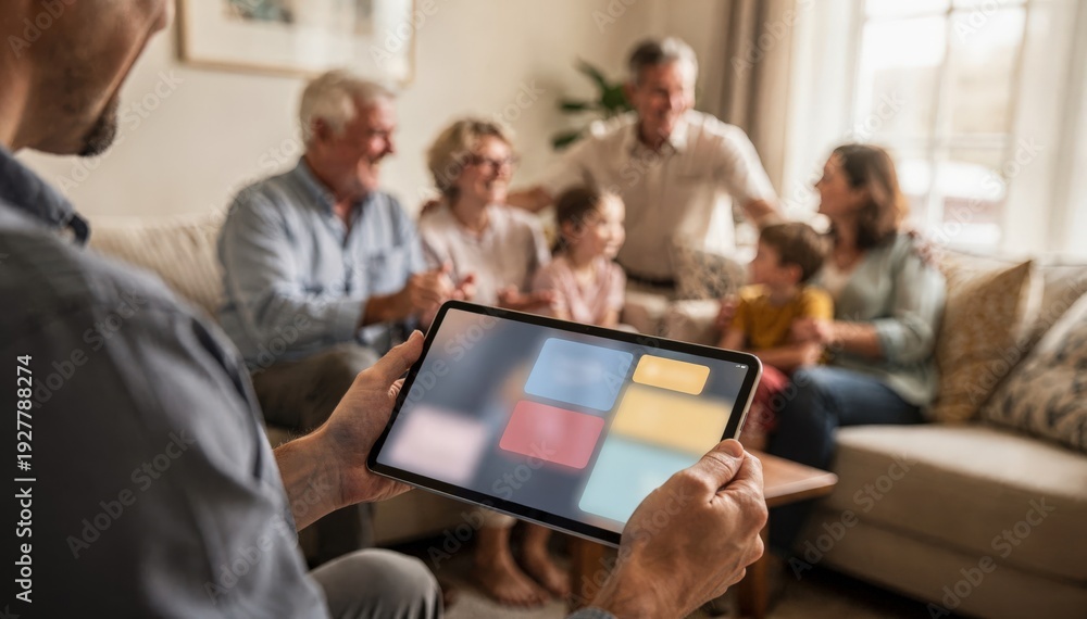 Obraz premium Agent adjusting shared data settings on a tablet with a large family gathered in the background the main focus on the devices screen showing group plan options.