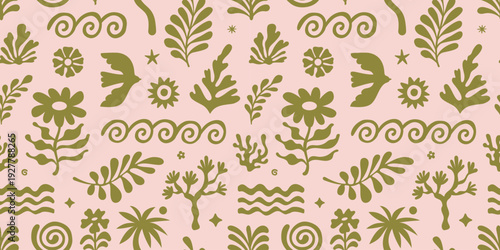 Vector summer seamless pattern in simple wavy and groovy naive style, flowers and plants, floral botanic hand drawn design backgrounds and prints,  modern art prints, surface design