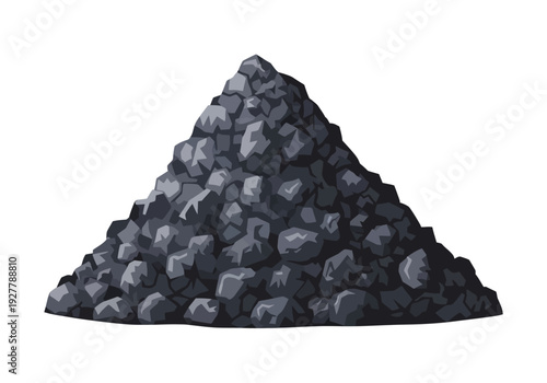 A large pile of dark grey rocks stacked in a pyramid shape, viewed from the side