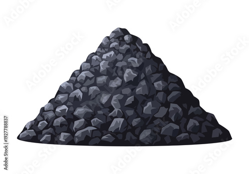 A large pile of dark grey rocks or stones heaped together in a triangular mound viewed from the side