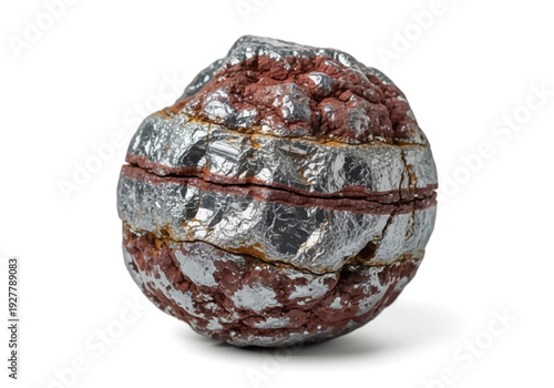 A metallic sphere with crumpled foil texture is viewed from the front on a plain surface