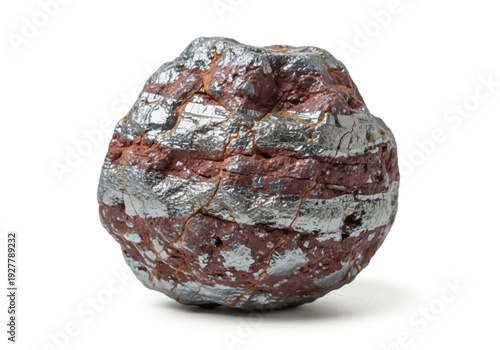 A textured metallic sphere with red and silver patterns on a plain surface viewed from a straightforward angle