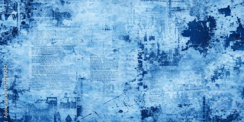 A dark blue vintage grunge background features an aged paint texture on a rough concrete wall surface with a dirty paper pattern for a grungy antique backdrop design