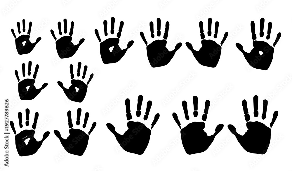 Fototapeta premium Black hand palm print vector set human handprint silhouettes isolated on white background