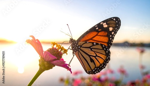 Monarch Butterfly on Pink Flower at Sunset.