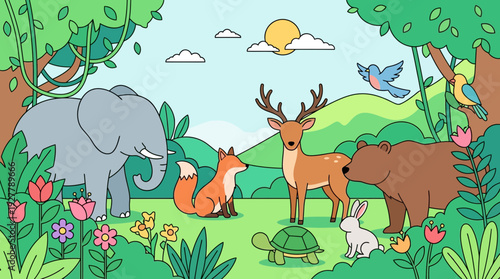 Wildlife Conservation Scene for World Wildlife Day with Diverse Animals