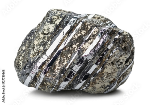 A close-up view of a mineral rock specimen showcasing its striated texture and mixed composition on a plain background