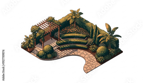 Minimal Modern Garden Landscape Design in Golden Sunset Light Flat Vector