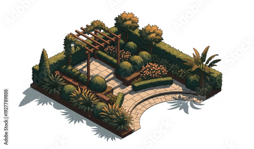 Isometric Luxury Garden Landscape at Golden Hour with Pergola and Flower Beds Vector