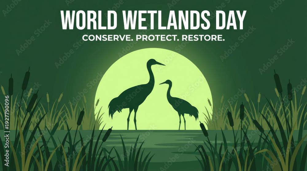 Obraz premium World wetlands day features two crane silhouettes standing in a grassy area against a large circular light source