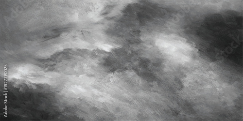 A dark abstract background features a textured pattern of black and white smoke swirling like storm clouds and misty fog across a night sky