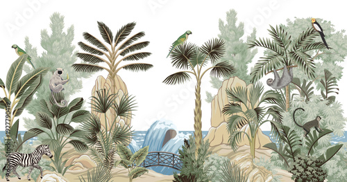 Tropical vintage botanical landscape, zebra, sloth, lemur, monkey animal, parrot, palm tree, banana tree, plant floral mural. Exotic jungle wallpaper.