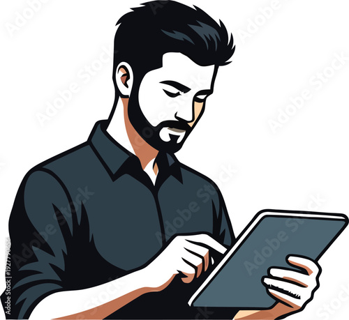 A man with dark hair and beard wearing black shirt using digital tablet isolated on transparent background