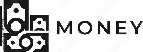 Black and white graphic illustration of money concept with dollar symbols and text on white background