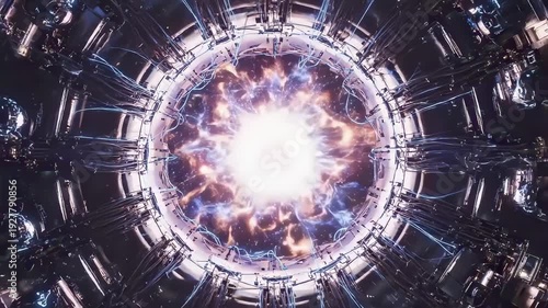 Futuristic fusion reactor core generating sustainable nuclear energy, with a powerful plasma ball glowing, surrounded by a complex network of cables and wires
