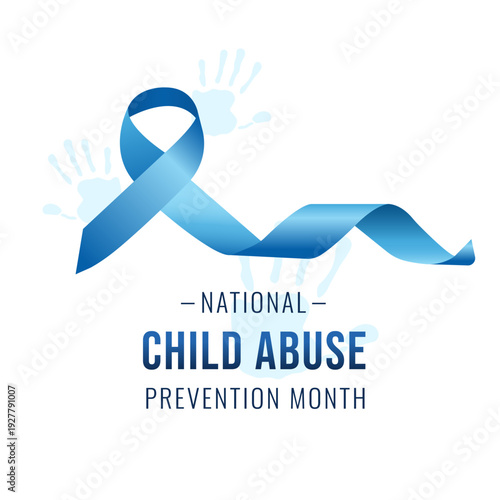 Poster on the topic of child abuse prevention. Blue ribbon and children's handprints. 