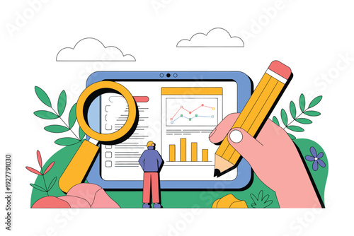 A hand holding a pencil analyzes data on a large tablet screen with a magnifying glass