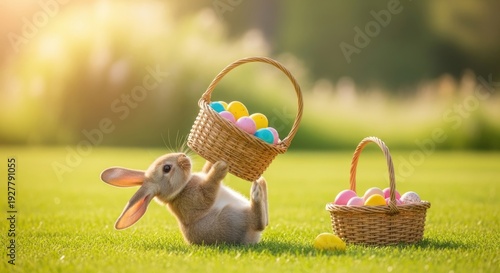 Playful rabbit humorously balances a basket full of colorful Easter eggs in a sun-drenched green field.