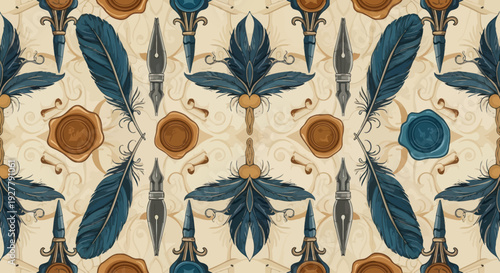Seamless vintage writing pattern with feather quills, pen nibs, and wax seals.