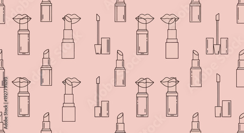 Seamless pattern of lipstick and lips with outline style on pink background.