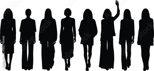 Seven women silhouettes standing in a row