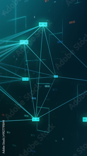 abstract network, also called 'plexus' with random digits on the vertices that cross along the screen, tech background, concept of big data and internet, vertical video (3d render)
