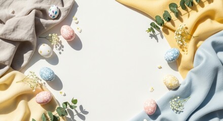 Pastel colored Easter eggs and soft draped fabrics create a bright, sunny holiday border design.