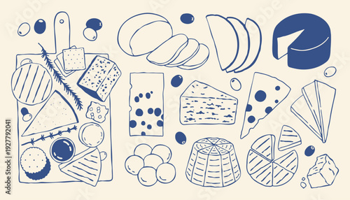 Hand drawn cheese and appetizer vector set in Mediterranean style. Collection of sliced cheese, brie, parmesan, crackers, olives. Perfect for restaurant menu, deli branding, packaging, gourmet design