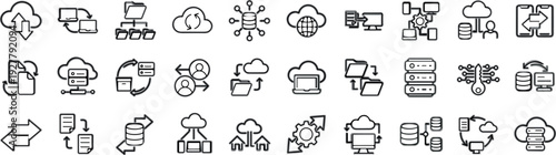 Cloud Computing and Data Management Line Icons Set Featuring File Transfer, Server Storage, Backup, Synchronization and Network Technology Outline Vector Collection