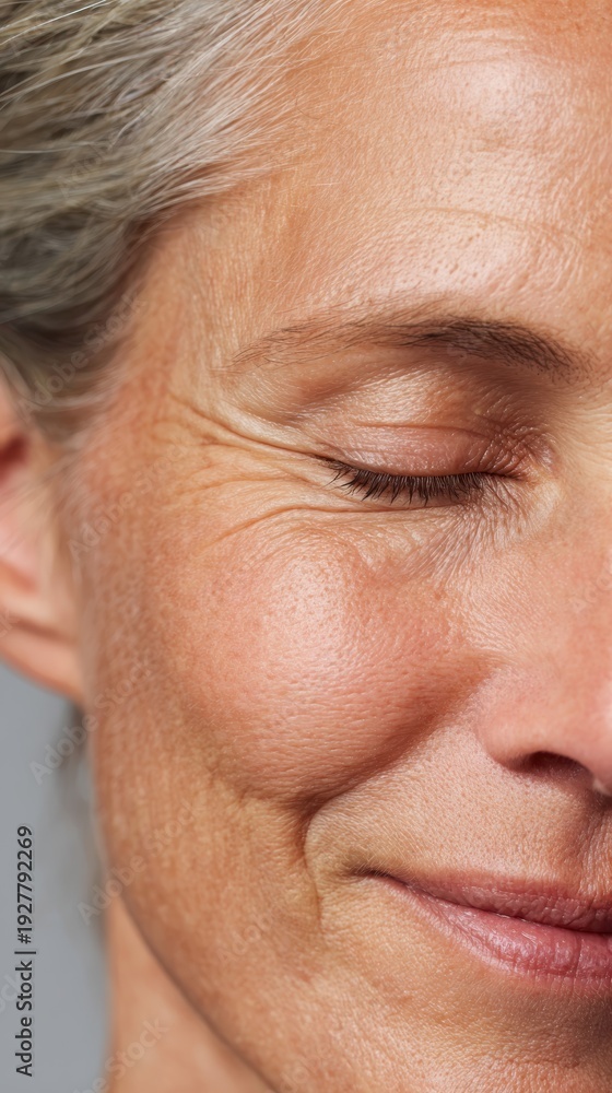 Fototapeta premium Mature woman finding joy, smiling with closed eyes, embracing natural aging process, showing authentic facial wrinkles and expressing happiness and peaceful relaxation