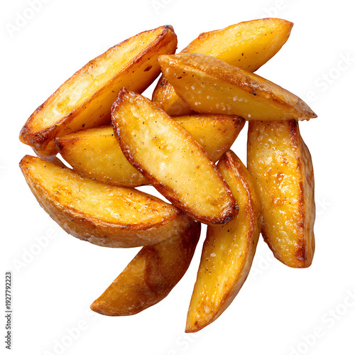 A close-up view of a potato wedge snack with crispy edges, golden potato, delicious food on transparent background PNG