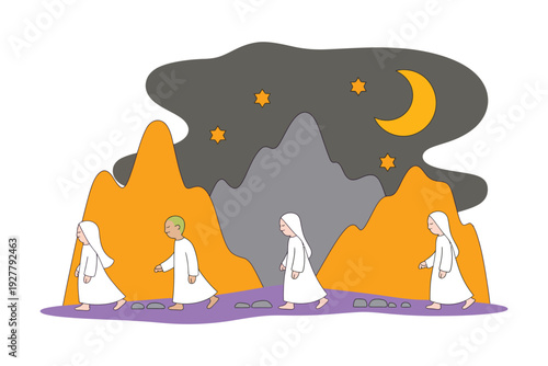 People in white robes walking under a night sky with mountains