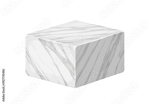 A white marble cube with gray veins displayed on a plain surface from a slightly angled viewpoint.