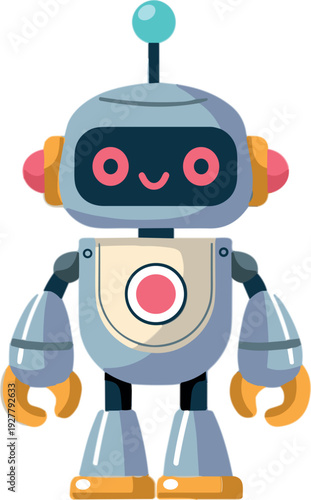 Cute cartoon robot character standing futuristic artificial intelligence assistant toy android mascot flat vector illustration isolated design
