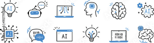 Artificial intelligence icons set featuring AI technology machine learning neural network automation innovation outline flat vector illustration collection