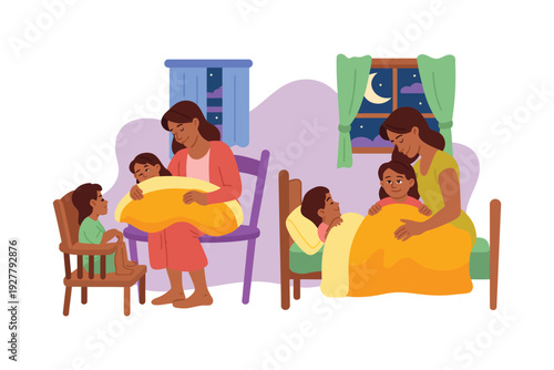 Mother vector illustration of a family with children at bedtime