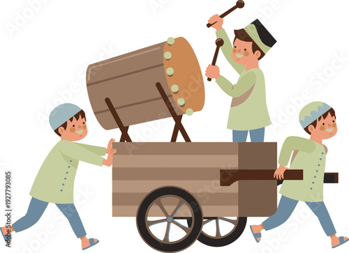 Children pushing wooden cart.