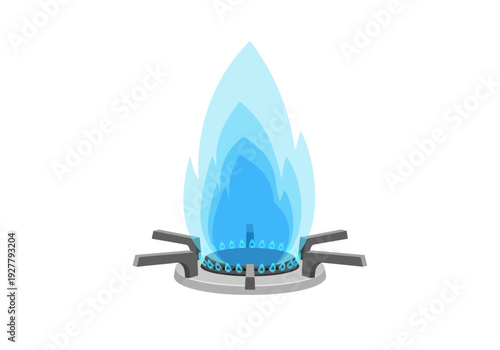 A blue flame burns intensely on a gas stove burner viewed from directly above in a kitchen setting